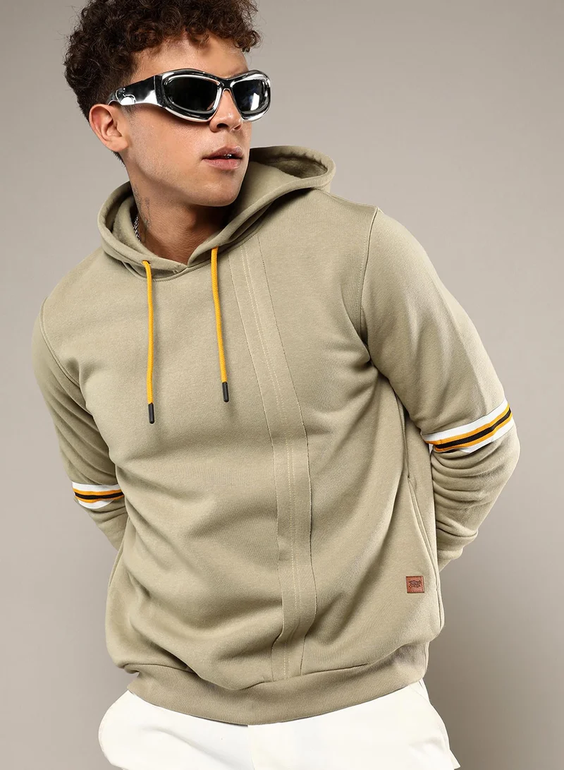 كامبوس سوترا Men's Beige Pullover Hoodie With Contrast Striped Sleeve For Casual Wear | Hooded Neck | Long Sleeve | Pull On Closure | Cotton Sweatshirt Crafted With Comfort Fit For Everyday Wear