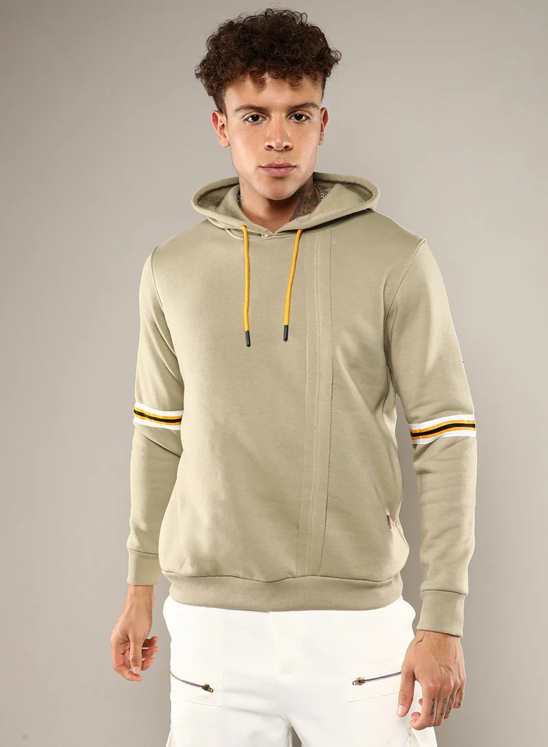 كامبوس سوترا Men's Beige Pullover Hoodie With Contrast Striped Sleeve For Casual Wear | Hooded Neck | Long Sleeve | Pull On Closure | Cotton Sweatshirt Crafted With Comfort Fit For Everyday Wear