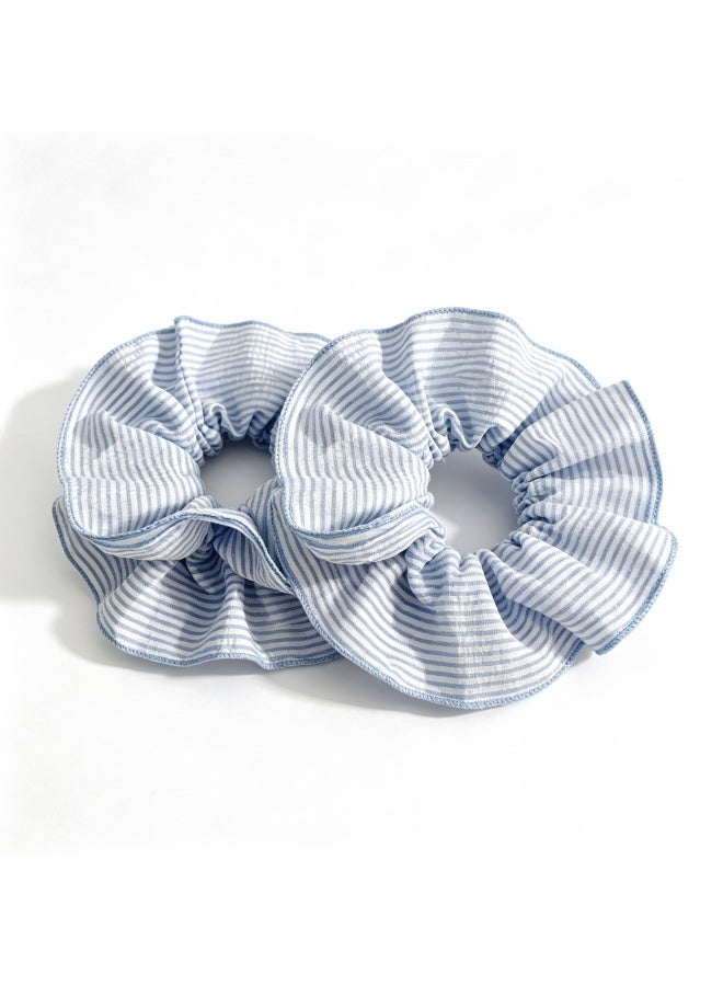 French Versatile Cloud Cotton Scrunchies, Blue Striped (2 Pack) - Image 1