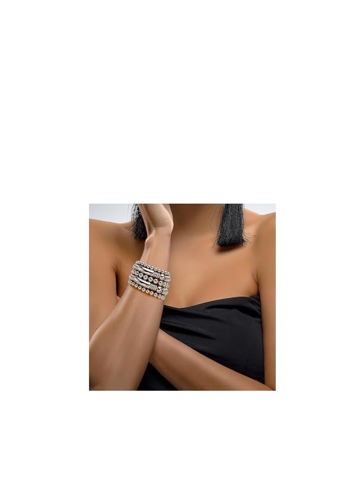 Barakah Silver Bead Bracelet, Silver Plated Stackable Bracelet Set for Women, 10mm/8mm Bead Ball Strand Chain Bracelet, Bohemian Stacked bracelet 7-7.5inch Gifts for Women and Girls 5Pcs - Image 5