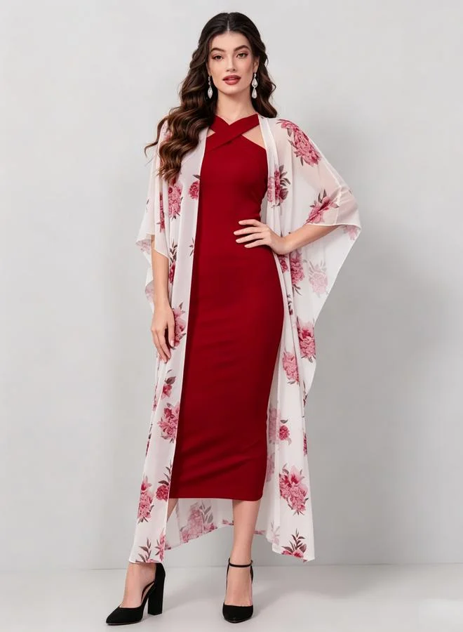 Take Two Black Halter Neck Maxi Dress and Printed Kimono Co-ord Set