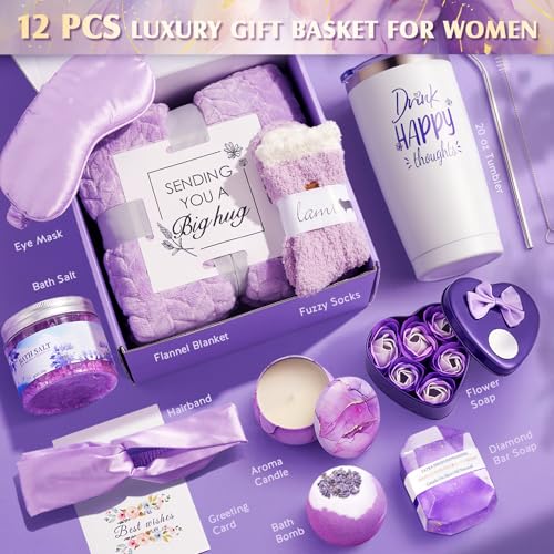 YFONG Gift Baskets for Women, 12PCS Get Well Gifts for Her, SPA Gift for Mom, Wife, Girlfriend, Friends, Purple Happy Birthday Gifts Set, Relaxing Self Care Gifts for Christmas Day - Lavender - Image 2
