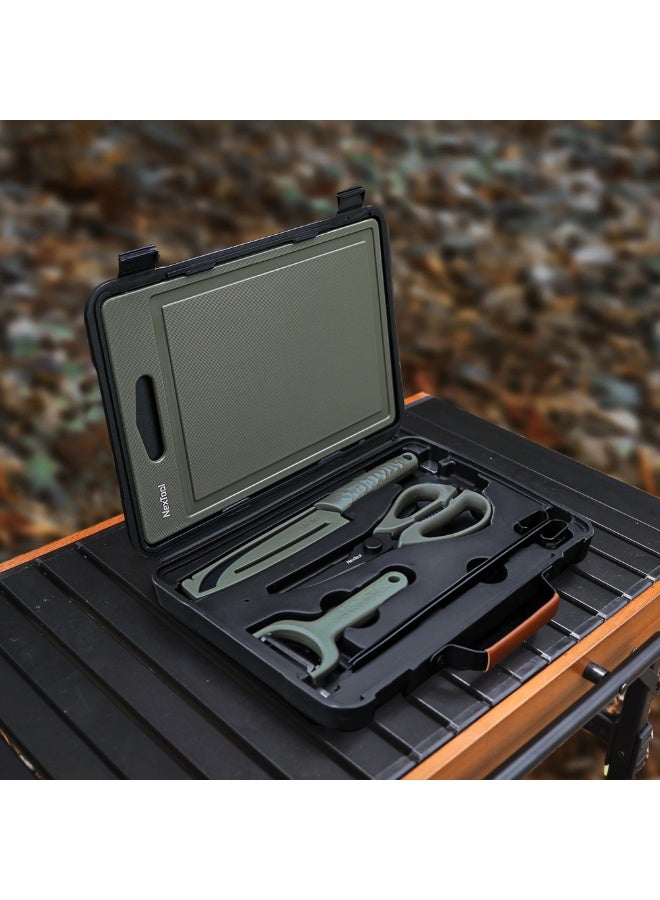 نكستول مجموعة أدوات الشواء الكاملة للتخييم تتضمن سكين نزهة، ولوح تقطيع، ومقص متعدد الوظائف، وملقط للشواء، وحقيبة حمل محمولة - مثالية للطهي في الهواء الطلق والسفر. - Image 2