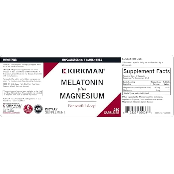 Kirkman Melatonin Plus Magnesium Capsules - Hypo - 250 Capsules - Image 3