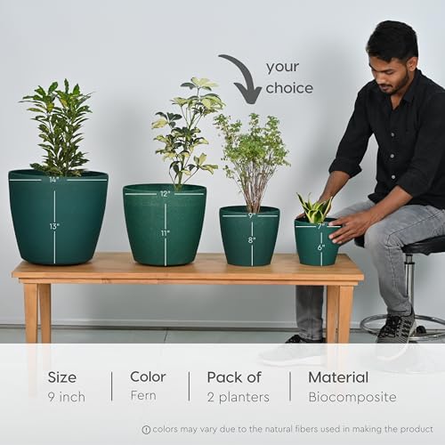Eha Set of 2 Earth-Friendly Deco 9" Self-Watering pots and Planters | Bamboo Based | UV Protected | for Indoor, Home Decor, Outdoor, Balcony & Garden | Green - Image 2
