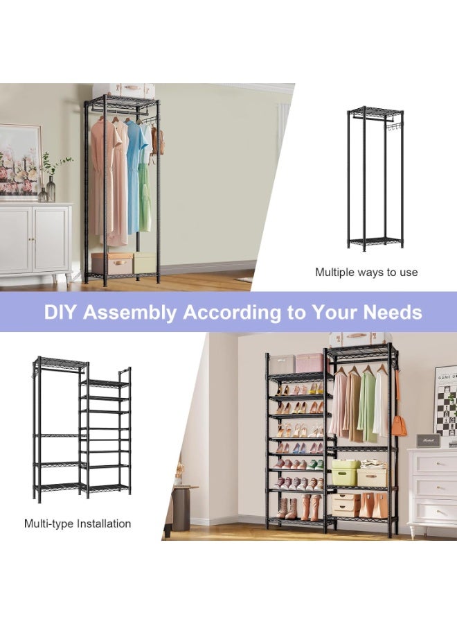 Forthcan Expandable Metal Wardrobe Clothes Rack with Shoe Shelf, Heavy Duty Freestanding Garment Organizer with Adjustable Shelves, Hanging Rod, and Side Hooks - Image 4