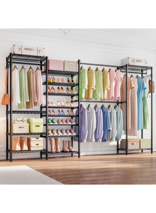 Forthcan Expandable Metal Wardrobe Clothes Rack with Shoe Shelf, Heavy Duty Freestanding Garment Organizer with Adjustable Shelves, Hanging Rod, and Side Hooks - Image 1