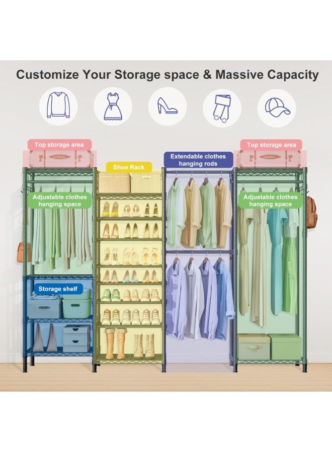 Forthcan Expandable Metal Wardrobe Clothes Rack with Shoe Shelf, Heavy Duty Freestanding Garment Organizer with Adjustable Shelves, Hanging Rod, and Side Hooks - Image 3