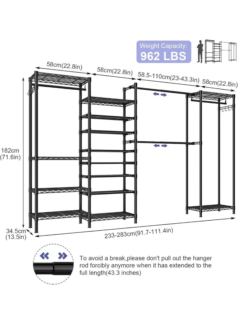 Forthcan Expandable Metal Wardrobe Clothes Rack with Shoe Shelf, Heavy Duty Freestanding Garment Organizer with Adjustable Shelves, Hanging Rod, and Side Hooks - Image 5