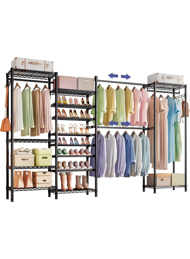 Forthcan Expandable Metal Wardrobe Clothes Rack with Shoe Shelf, Heavy Duty Freestanding Garment Organizer with Adjustable Shelves, Hanging Rod, and Side Hooks - Image 5
