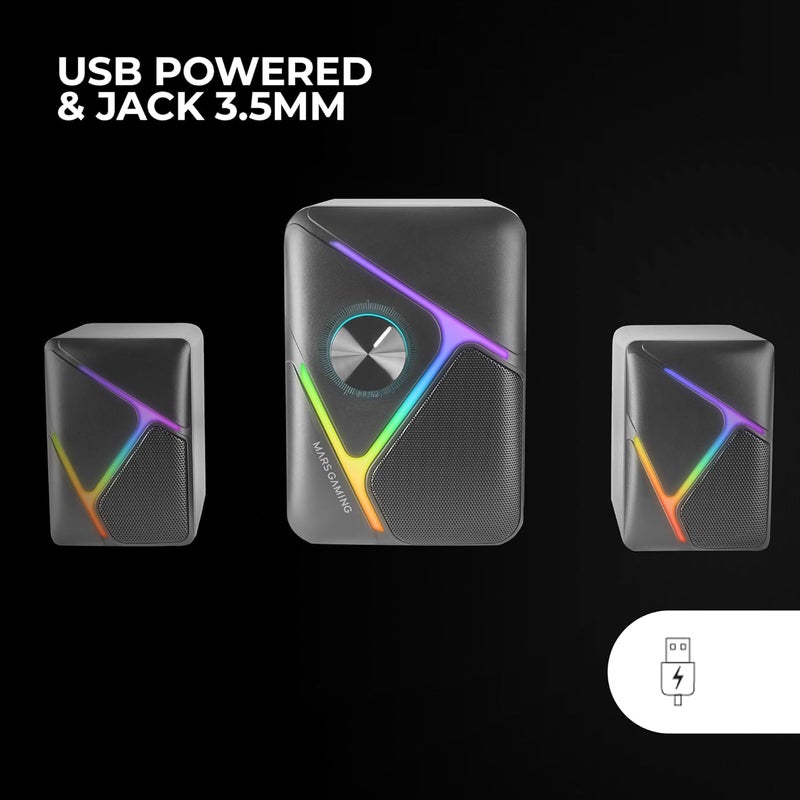 مارس_جيمنج مارس جيمنج MS-H21، مكبرات صوت ألعاب 2.1 RGB ومضخم صوت 35 واط، نظام مكبرات صوت محيطية ثلاثية الأبعاد مقلوبة، مكبرات صوت مدمجة مع إضاءة خلفية RGB ديناميكية، طاقة USB وموصل 3.5 ملم، أسود - Image 5
