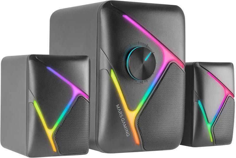 مارس_جيمنج مارس جيمنج MS-H21، مكبرات صوت ألعاب 2.1 RGB ومضخم صوت 35 واط، نظام مكبرات صوت محيطية ثلاثية الأبعاد مقلوبة، مكبرات صوت مدمجة مع إضاءة خلفية RGB ديناميكية، طاقة USB وموصل 3.5 ملم، أسود - Image 1