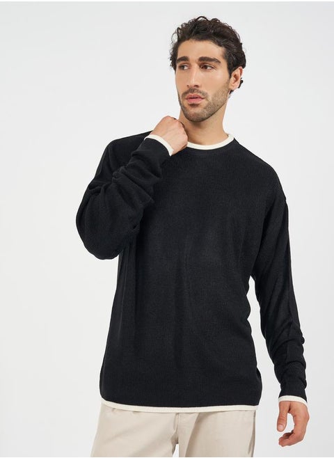 Relaxed Tuck Knit Lightweight Sweater with Contrast Detail
