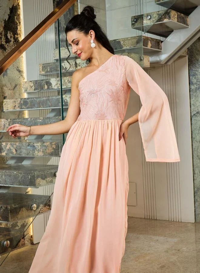 Athena Pink Embellished Slit Sleeves Georgette Maxi Dress