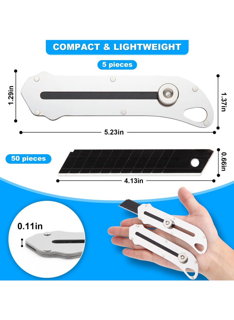 5 Pcs Retractable Utility Knife, Stainless Steel Utility Knife, Heavy Duty Multifunctional Box Cutter with 50 Pcs Replaceable Blades for Office, Home, School - Image 2