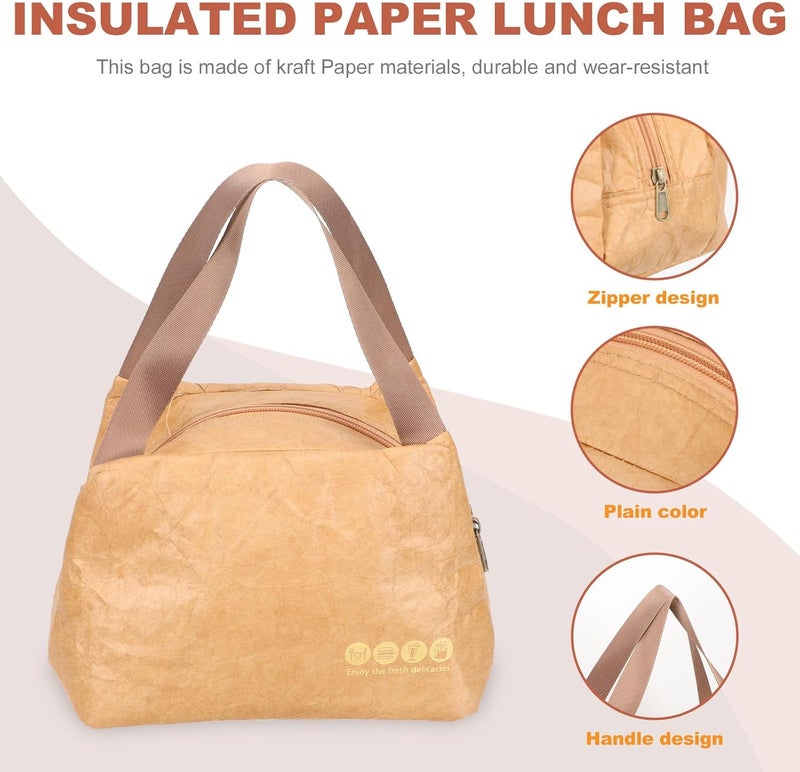 Zerodeko Insulated Kraft Paper Bento Box Bag Reusable Brown Paper Lunch Tote with Zipper Foldable Thermal Lunch Pouch for Picnic Work Travel - Image 3