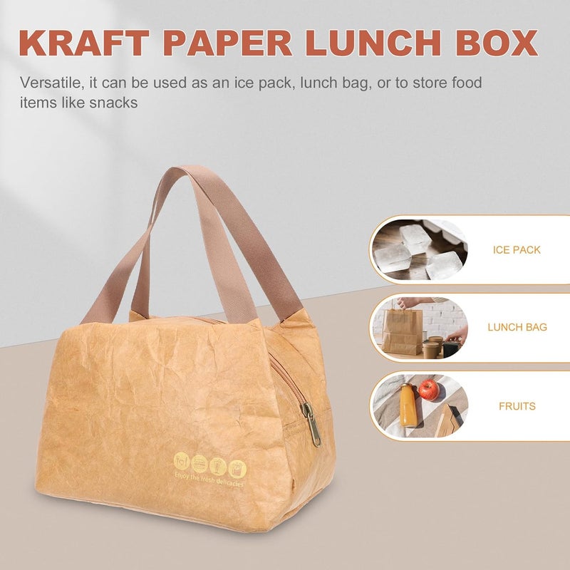 Zerodeko Insulated Kraft Paper Bento Box Bag Reusable Brown Paper Lunch Tote with Zipper Foldable Thermal Lunch Pouch for Picnic Work Travel - Image 4