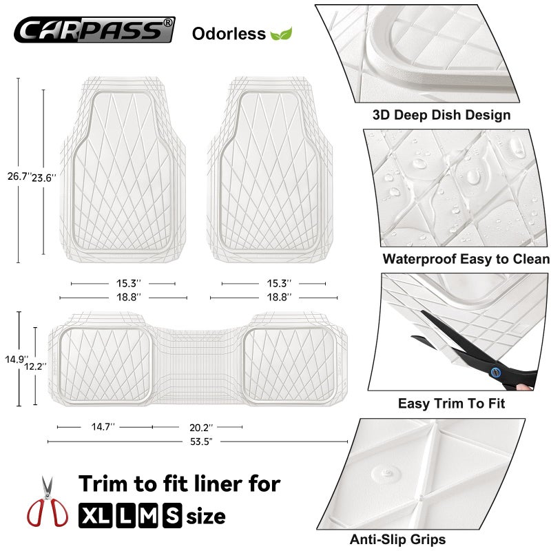 CAR PASS Heavy Duty Rubber Car Floor Mats, Deep Dish All Weather Car Mats Full Set, 3 Piece Waterproof Premium Anti-Slip Floor Mats Rugs Universal Trim to Fit for 95% Sedan SUV Van Truck, White - Image 5