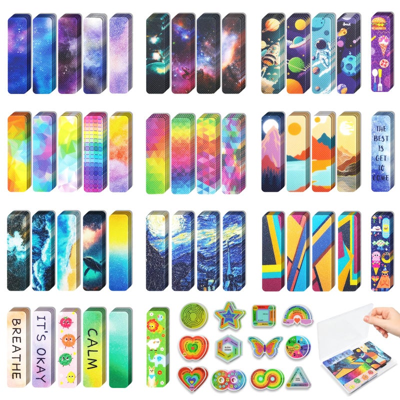 TOEMUR 72 Pieces Anxiety Sensory Stickers with Storage Box - Calming Stickers 2 Textured Surface - Fidget Strips for Office & Classroom Desk Adult & Teen Stress (Personality) - Image 1