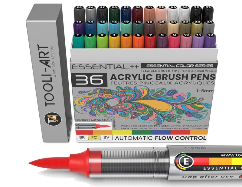 TOOLI-ART 36 Essential Colors Flexible Brush Tip Acrylic Paint Pens Automatic Flow Control 1-5mm Line for Rock Painting,Coloring,Brush Lettering,Scrapbooking,Glass,Mugs,Wood,Metal,Canvas,Fabric,Plastic - Image 1