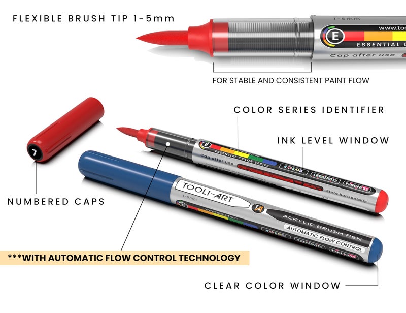 TOOLI-ART 36 Essential Colors Flexible Brush Tip Acrylic Paint Pens Automatic Flow Control 1-5mm Line for Rock Painting,Coloring,Brush Lettering,Scrapbooking,Glass,Mugs,Wood,Metal,Canvas,Fabric,Plastic - Image 3