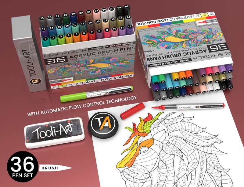 TOOLI-ART 36 Essential Colors Flexible Brush Tip Acrylic Paint Pens Automatic Flow Control 1-5mm Line for Rock Painting,Coloring,Brush Lettering,Scrapbooking,Glass,Mugs,Wood,Metal,Canvas,Fabric,Plastic - Image 2