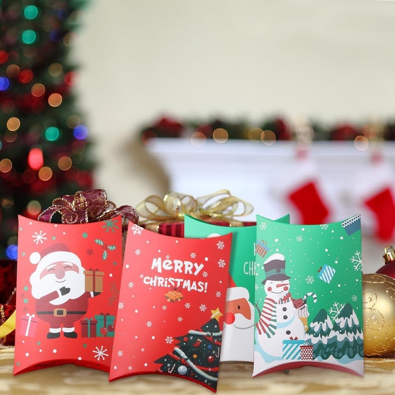 BAKEFY -5 Pcs Christmas Pillow Shape Treat Boxes,Small Party Favour Paper Boxes,Xmas Biscuit Candy Boxes Empty For Presents Gifts Adults Crackers Sweets And Cakes Jewellery Decoration Gift,Assorted - Image 1