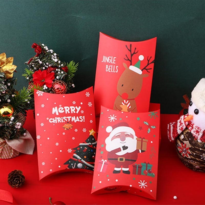 BAKEFY -5 Pcs Christmas Pillow Shape Treat Boxes,Small Party Favour Paper Boxes,Xmas Biscuit Candy Boxes Empty For Presents Gifts Adults Crackers Sweets And Cakes Jewellery Decoration Gift,Assorted - Image 3