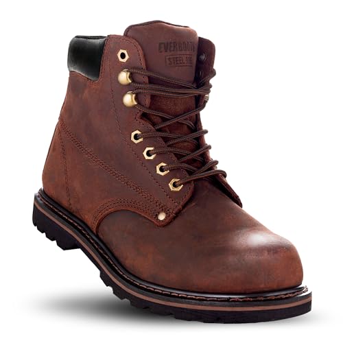 EVER BOOTS أحذية العمل EVERBOOTS Tank S ذات رأس فولاذي للرجال، تقنية الراحة، قبضة مضادة للانزلاق وامتصاص صدمات فائق، حذاء جلد ثقيل، ملابس عمل صناعية آمنة للبناء (9، بني داكن) - Image 1