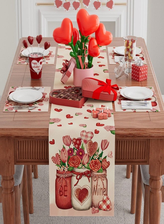 XCHI Roses Flowers Love Hearts Vase Valentine’s Day Table Runner Table Decoration for Party Home Kitchen Dining Dinner Holiday Decor 13x72 Inch - Image 2