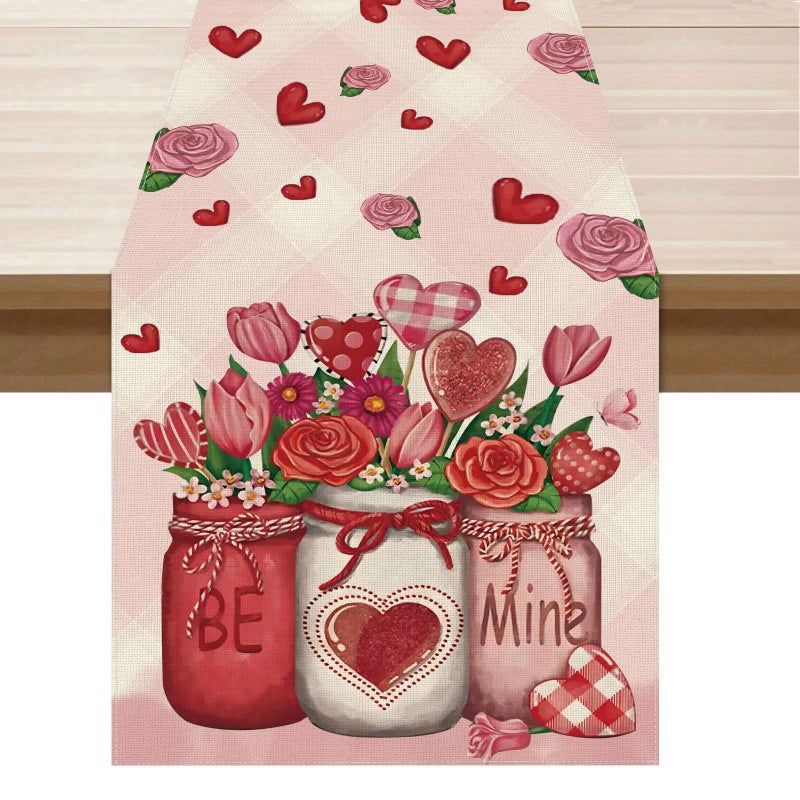 XCHI Roses Flowers Love Hearts Vase Valentine’s Day Table Runner Table Decoration for Party Home Kitchen Dining Dinner Holiday Decor 13x72 Inch - Image 1