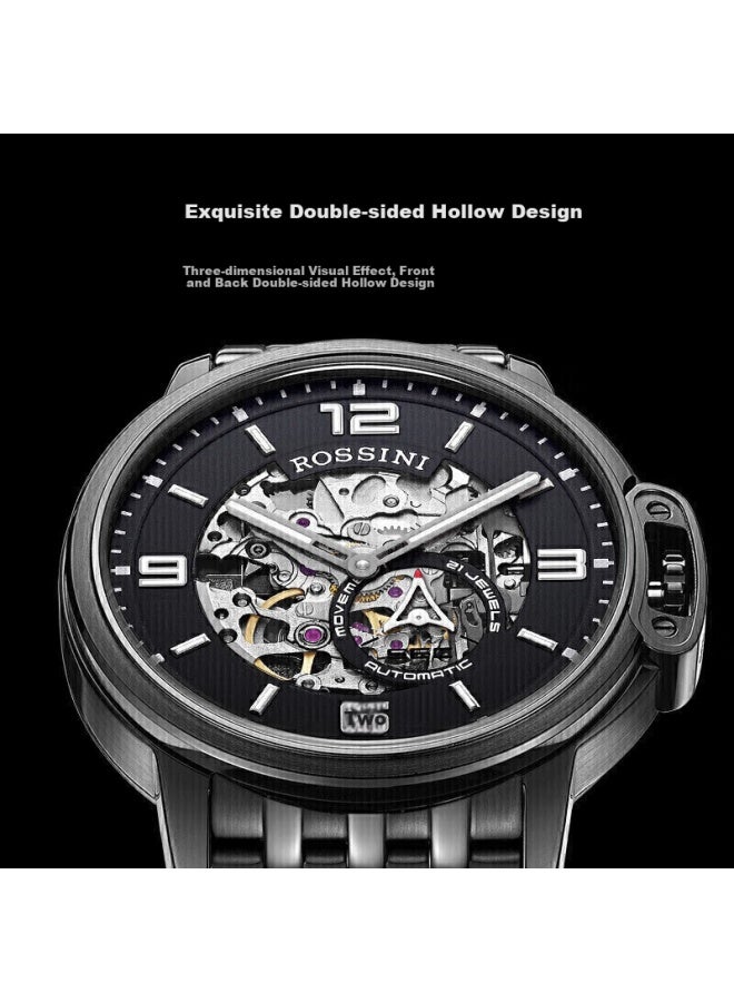 Rossini Men's Mechanical Watch With Black Dial And Steel Strap, Birthday Gift For Boyfriend, Business Hollow Out National Watch 517793 - Image 2