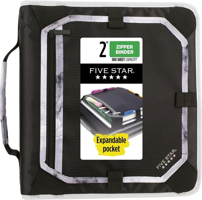 Five Star Zipper Binder, 2 Inch 3-Ring Binder with Round Rings, Expansion Panel and 5-Tab Expanding File, 580 Sheet Capacity, Black (29052IT8) - Image 1