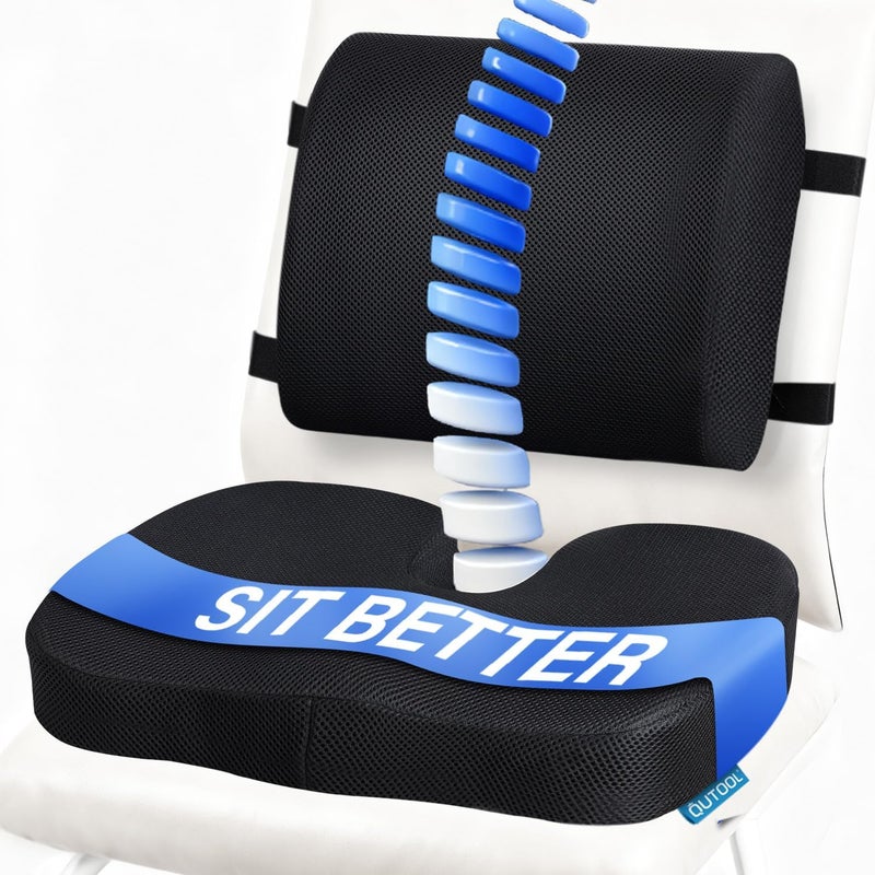 QUTOOL Seat Cushion & Lumbar Support Pillow for Office Chair, Car, Wheelchair Memory Foam Desk Chair Cushion for Sciatica, Lower Back & Tailbone Pain Relief Desk Pad with Adjustable Strap 3D Washable Cover - Image 1
