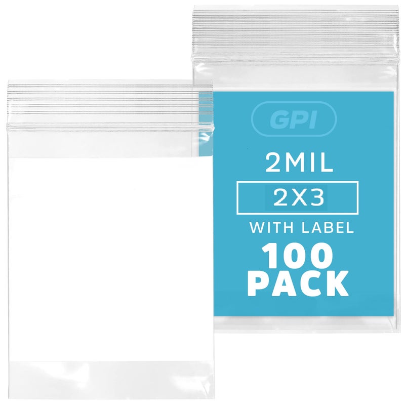 2Mil Small Plastic Bags 2 x 3 inches, 100 pack ZIP Bags, Write on White Block, Reclosable Zipper small plastic Storage Baggies GPI Brand, for Daily Vitamin, Pill, Jewelry, Candy
