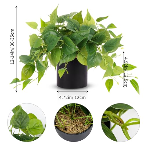 JPSOR Artificial Indoor Plants for Home Decor, 12 inches Pothos in Black Ceramic Pot with Iron Wire, 1 Count - Image 2