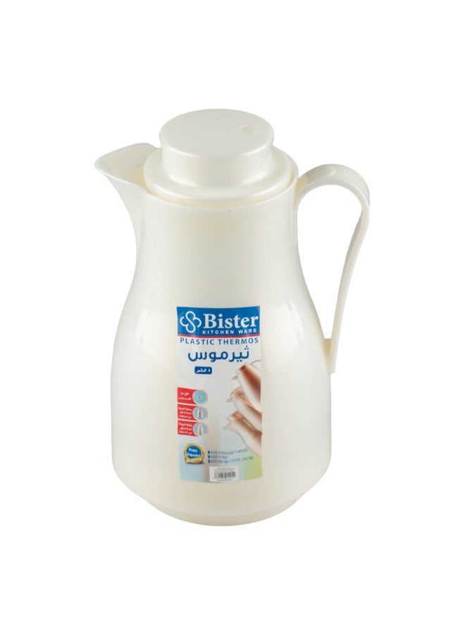 Bister Vacuum Flask 1.0 Liter Plastic Body with White Glass Refill without ASBESTOS Cream White Color Different Shape. - Image 3