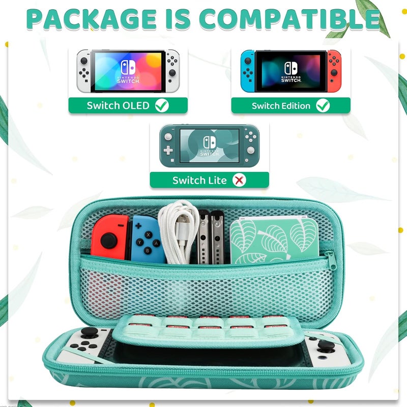 GLDRAM Green Carrying Case Bundle for Nintendo Switch and OLED Modle, Switch Travel Case Protector for Animal Leaf Crossing, Carrying Accessories Kit with Strap, Game Card Case Holder, Thumb Caps - Image 4