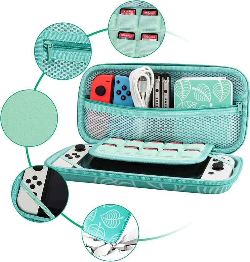 GLDRAM Green Carrying Case Bundle for Nintendo Switch and OLED Modle, Switch Travel Case Protector for Animal Leaf Crossing, Carrying Accessories Kit with Strap, Game Card Case Holder, Thumb Caps - Image 2