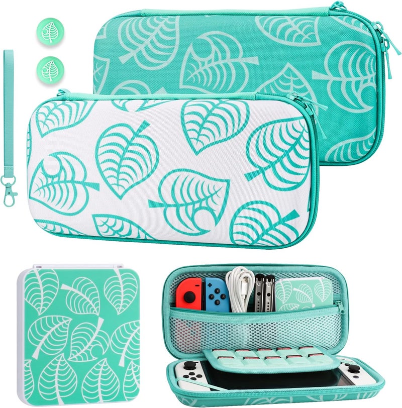 GLDRAM Green Carrying Case Bundle for Nintendo Switch and OLED Modle, Switch Travel Case Protector for Animal Leaf Crossing, Carrying Accessories Kit with Strap, Game Card Case Holder, Thumb Caps - Image 1