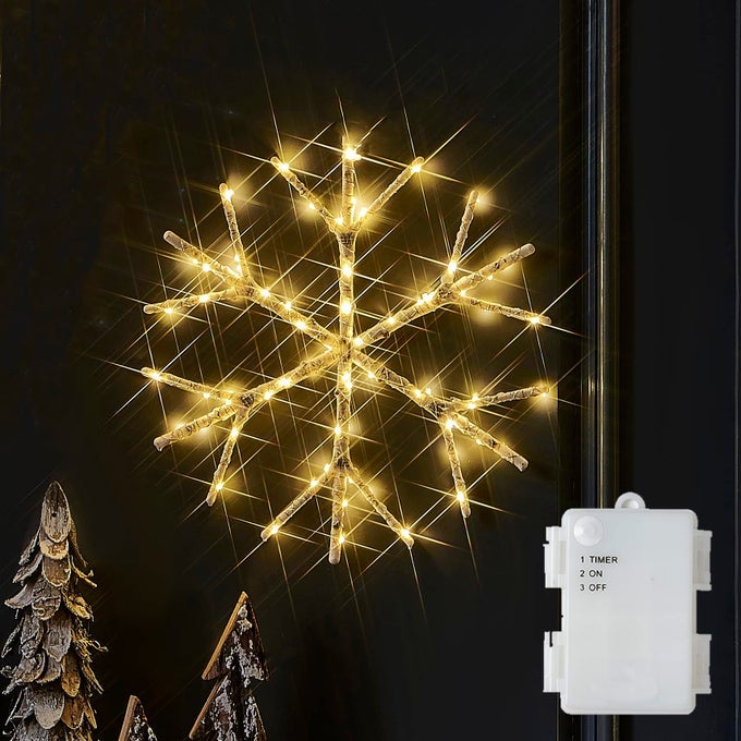 LIGHTED SNOWFLAKE 70 FAIRY LIGHTS 14IN BATTERY OPERATED WITH TIMER FOR WINDOW CHRISTMAS DECORATION INDOOR OUTDOOR