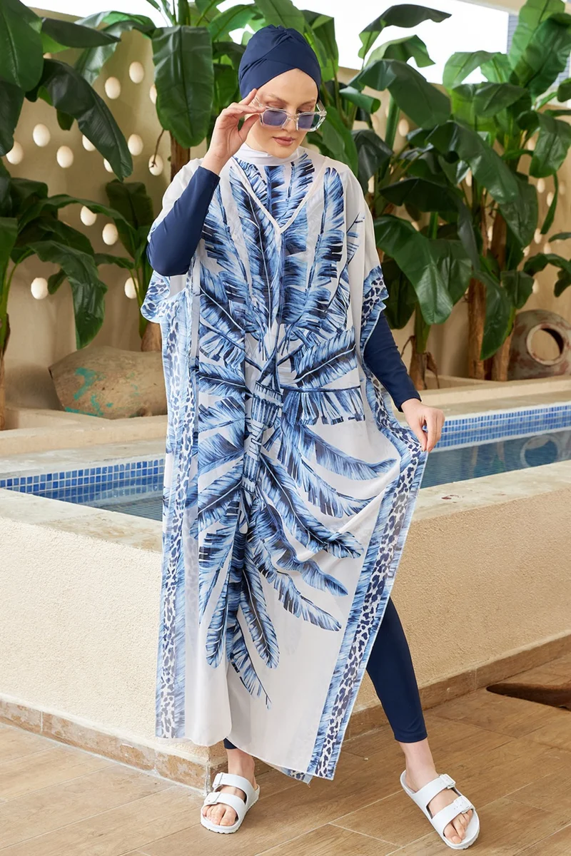 ريمسا مايو Hijab Swimsuit Patterned Single Kaftan Pareo 430-301 Maldive Blue