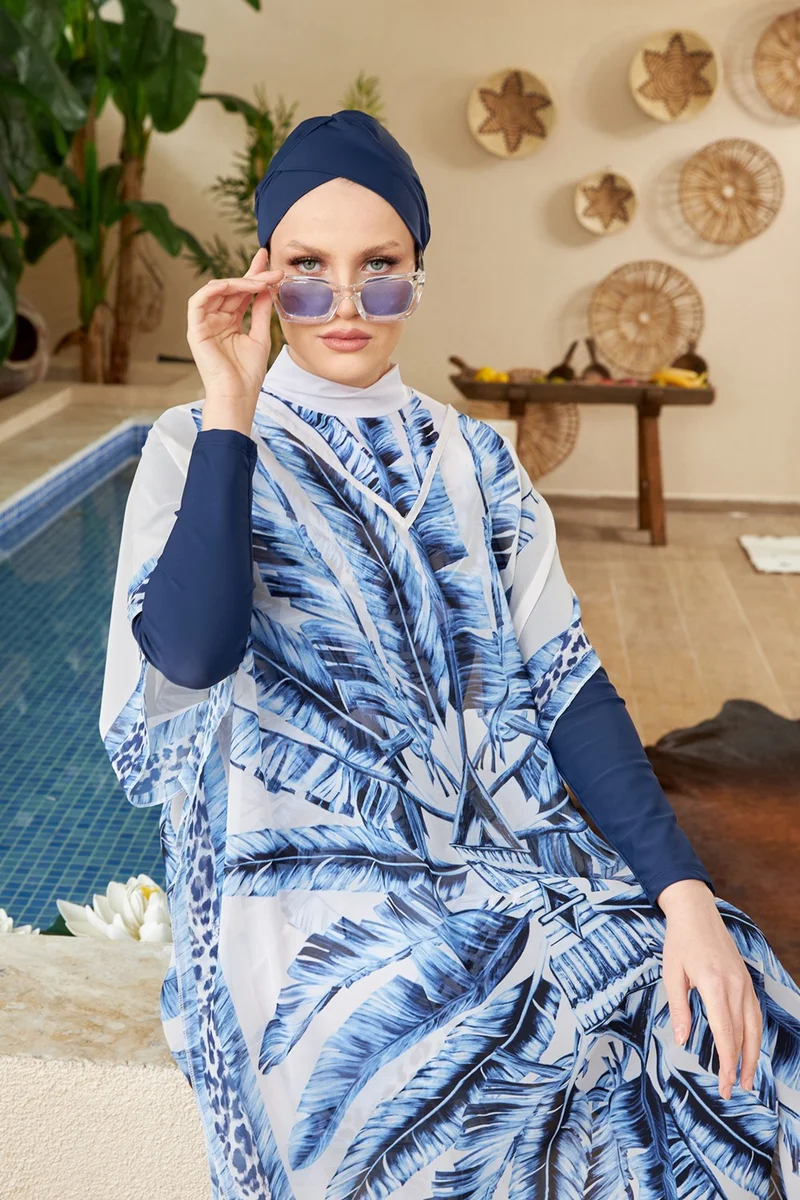 ريمسا مايو Hijab Swimsuit Patterned Single Kaftan Pareo 430-301 Maldive Blue