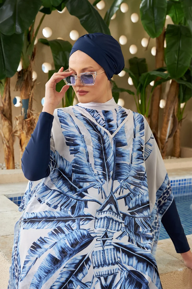ريمسا مايو Hijab Swimsuit Patterned Single Kaftan Pareo 430-301 Maldive Blue