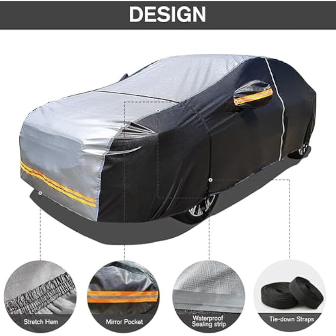 rayihni 6 Layers Car Cover Waterproof All Weather Car Cover Waterproof All Weather, Outdoor Full Exterior Cover Rain Sun UV Snowproof Protection with Zipper Cotton for Sedan (173-183 inch) - Image 3