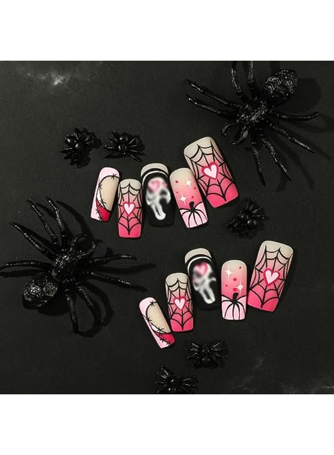 Tyemp Halloween Coffin Press on Nails Medium Square Ghost Fake Nails Pink Black Pumpkin Spider Web Ghost Designs Acrylic False Nails Full Cover Halloween Nail Tips Coffin Nails Matte for Women Girls 24Pcs - Image 3