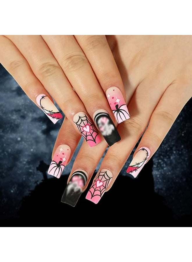 Tyemp Halloween Coffin Press on Nails Medium Square Ghost Fake Nails Pink Black Pumpkin Spider Web Ghost Designs Acrylic False Nails Full Cover Halloween Nail Tips Coffin Nails Matte for Women Girls 24Pcs - Image 1