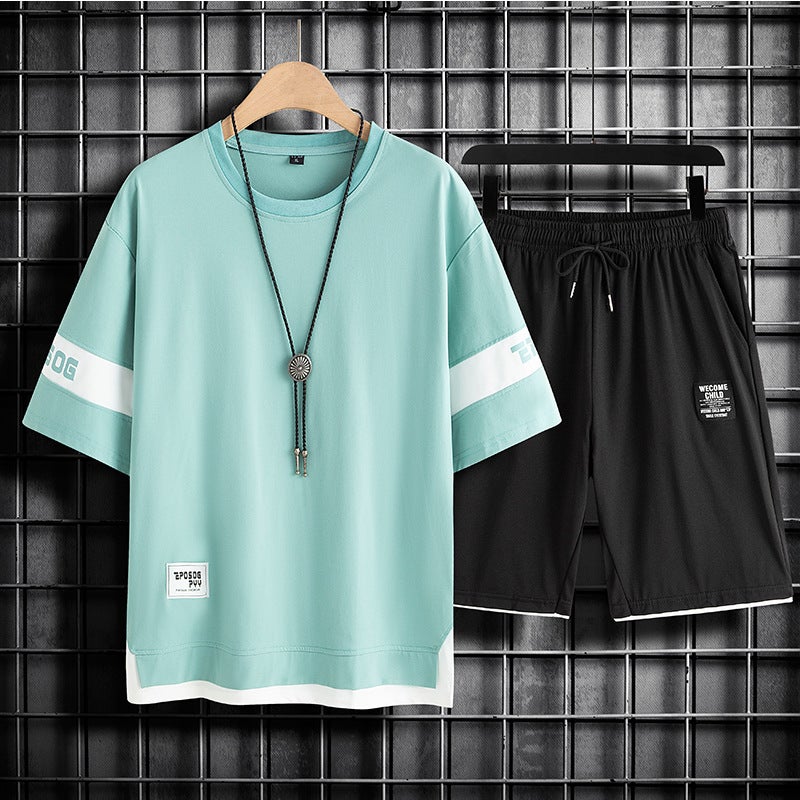 Fat Boys plus size suit Summer Middle and Big Childrens Cotton Short-sleeved Five-piece Pants Teenager Plus Fat Widened Childrens Two-piece Set Light green 