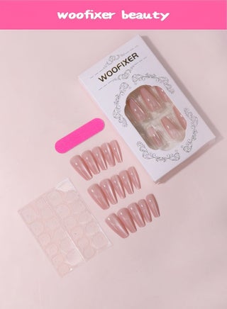 24Pcs Cat Eye Press on Nails Medium Ballerina Fake Nails Powder Pink Wide Beam Shimmer False Nails Full Cover Glue on Nails Glossy Acrylic Stick on Nails for Women Manicure Decoration - view 2