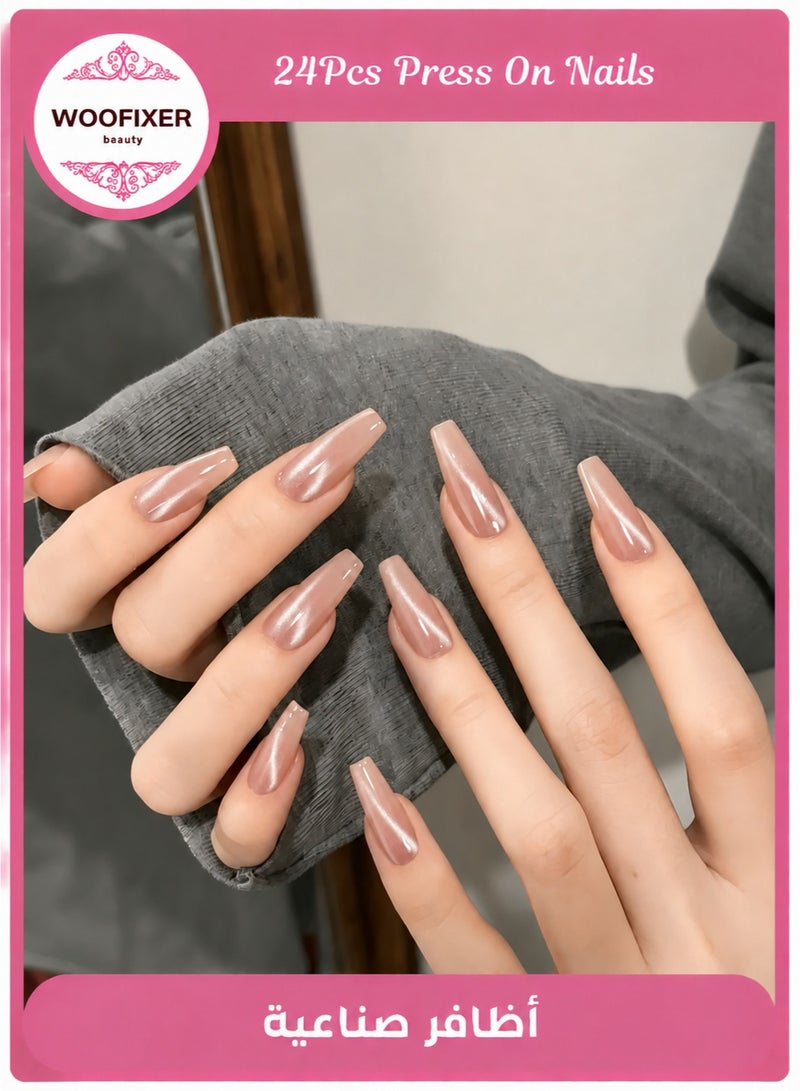 Woofixer 24Pcs Cat Eye Press on Nails Medium Ballerina Fake Nails Powder Pink Wide Beam Shimmer False Nails Full Cover Glue on Nails Glossy Acrylic Stick on Nails for Women Manicure Decoration - Image 1